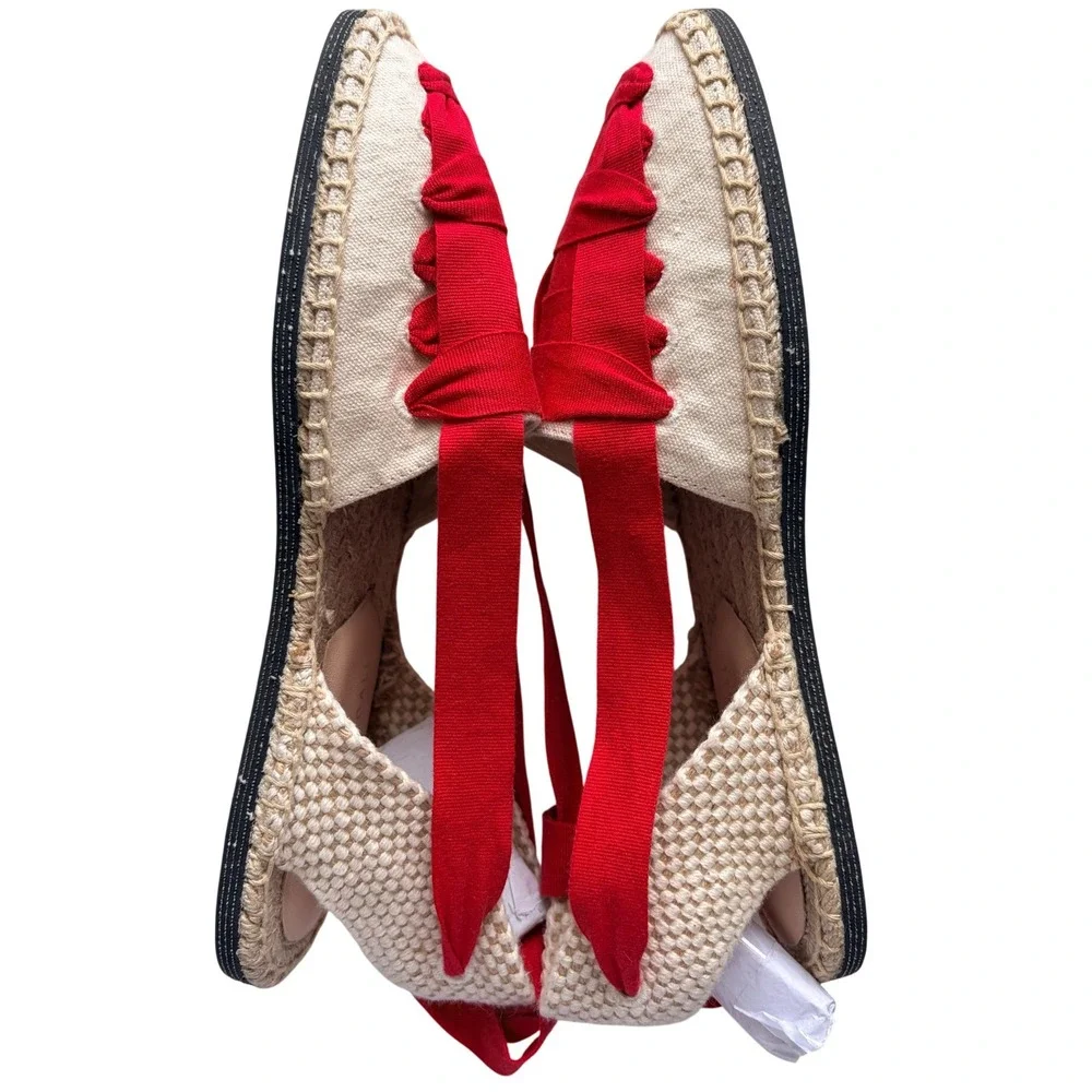 Loeffler Randall Wilson Flat Ankle Wrap Espadrille Natural Red Size 8 NWOB